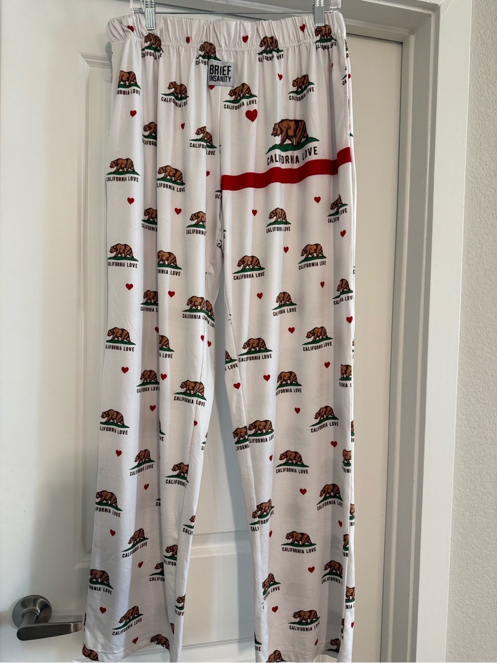Brief Insanity-White California Bear Pajama Pants with Red Accents